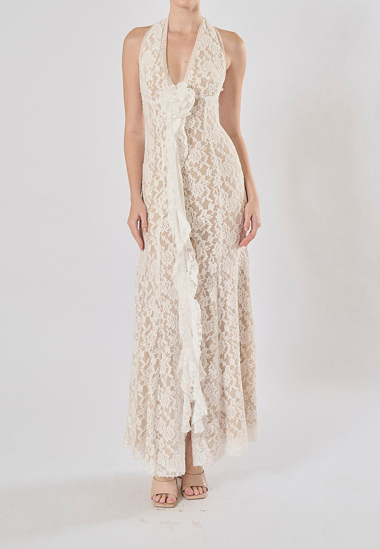 Zola White Halter Lace Flower With Front Slit Maxi Dress