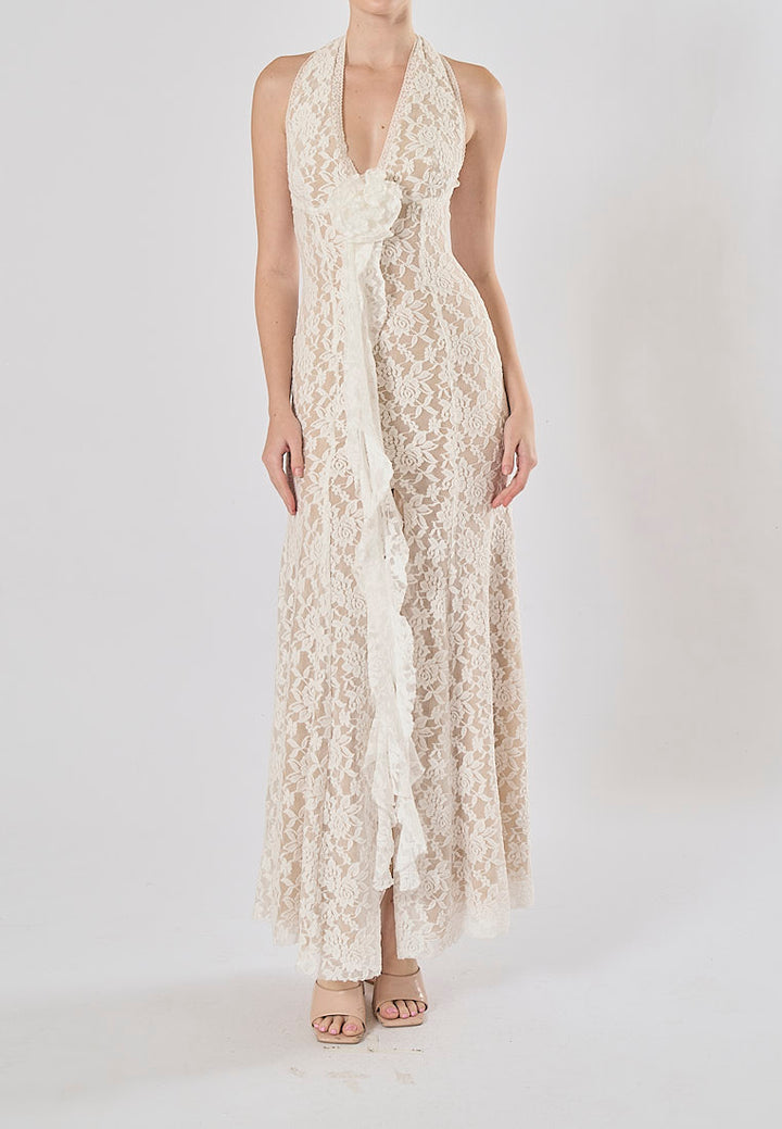 Zola White Halter Lace Flower With Front Slit Maxi Dress