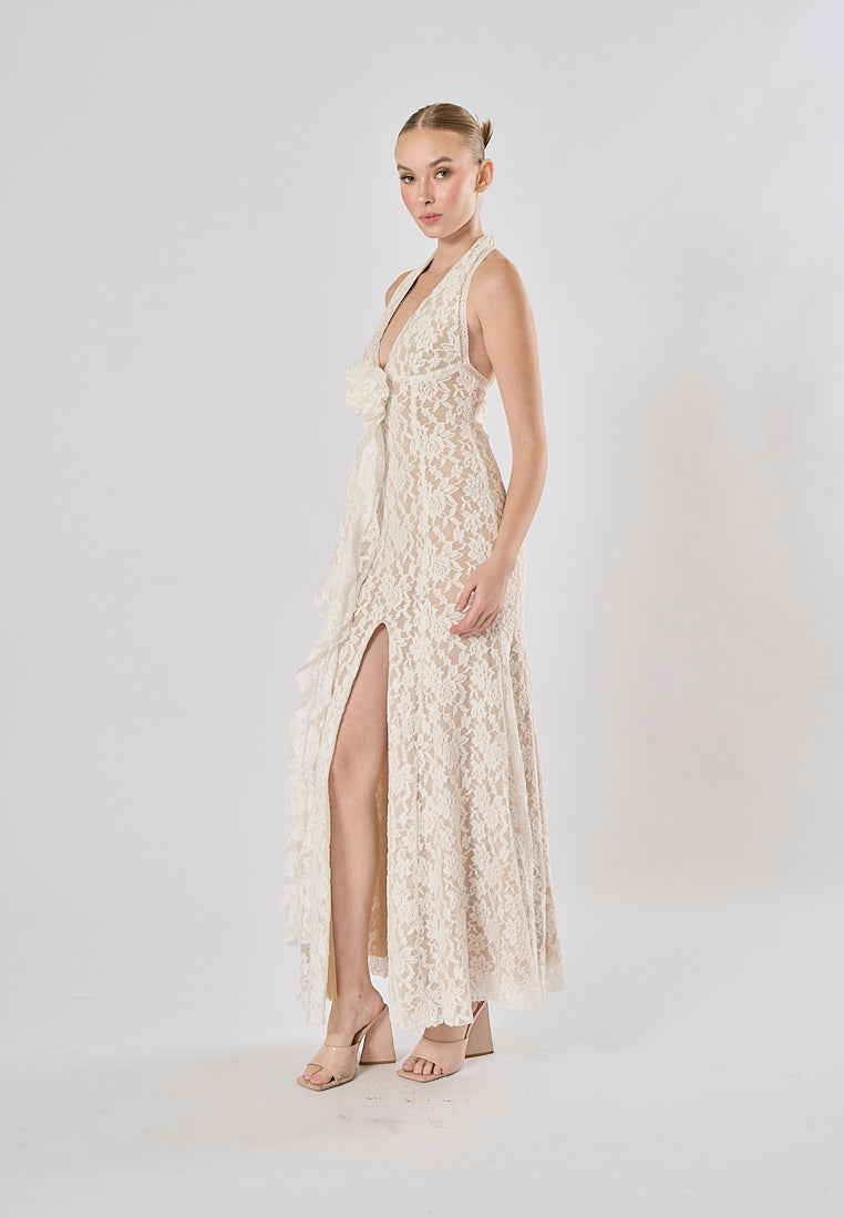 Zola White Halter Lace Flower With Front Slit Maxi Dress
