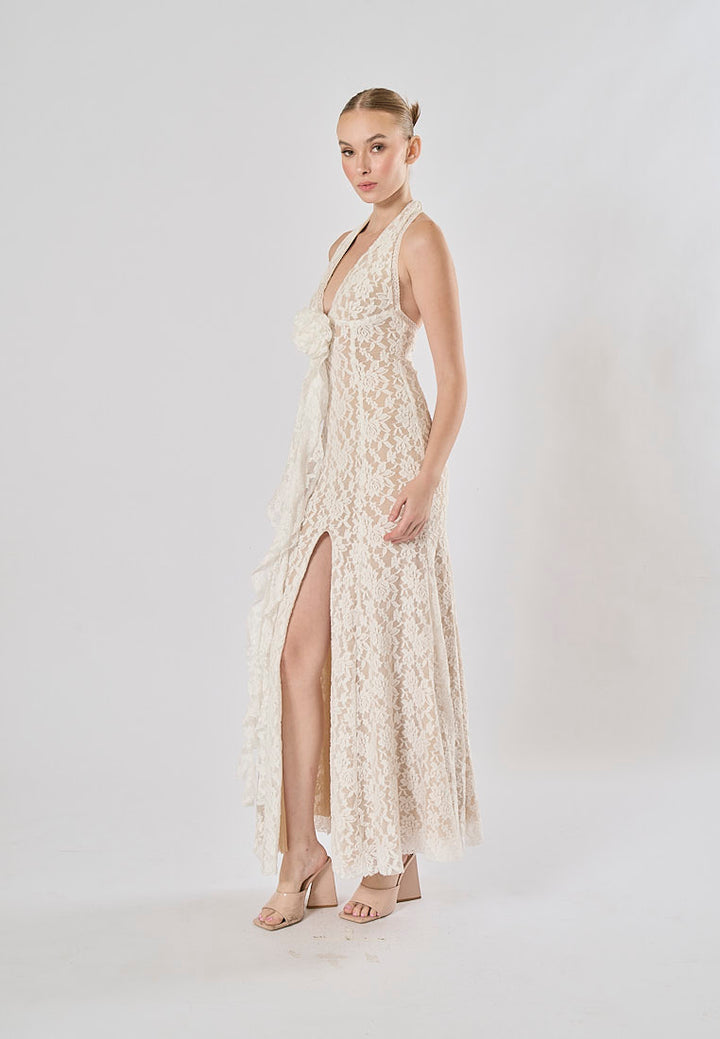 Zola White Halter Lace Flower With Front Slit Maxi Dress