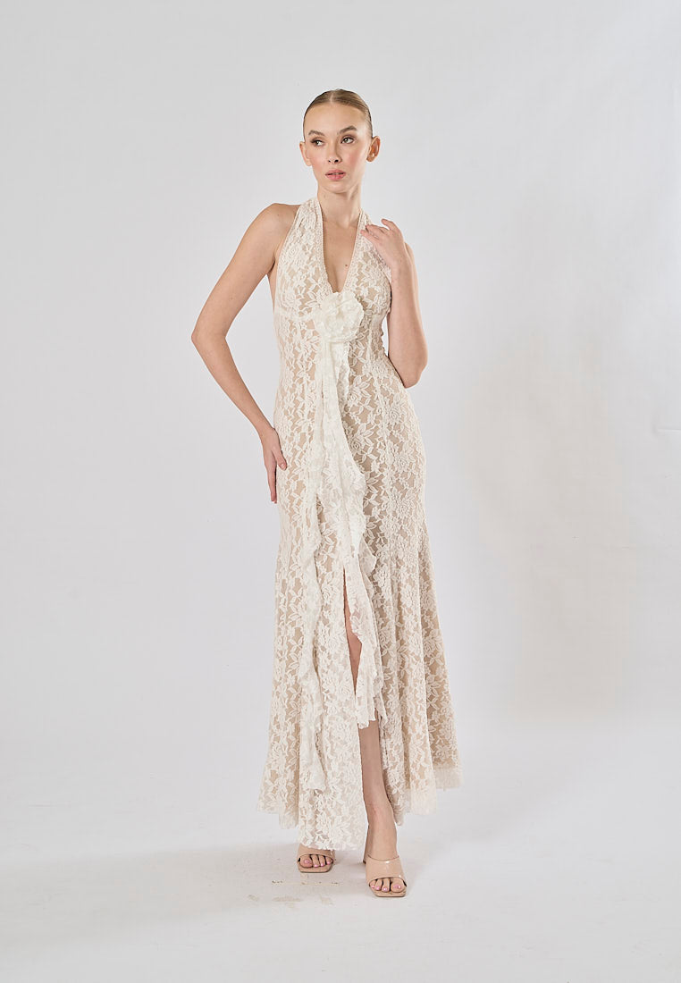 Zola White Halter Lace Flower With Front Slit Maxi Dress