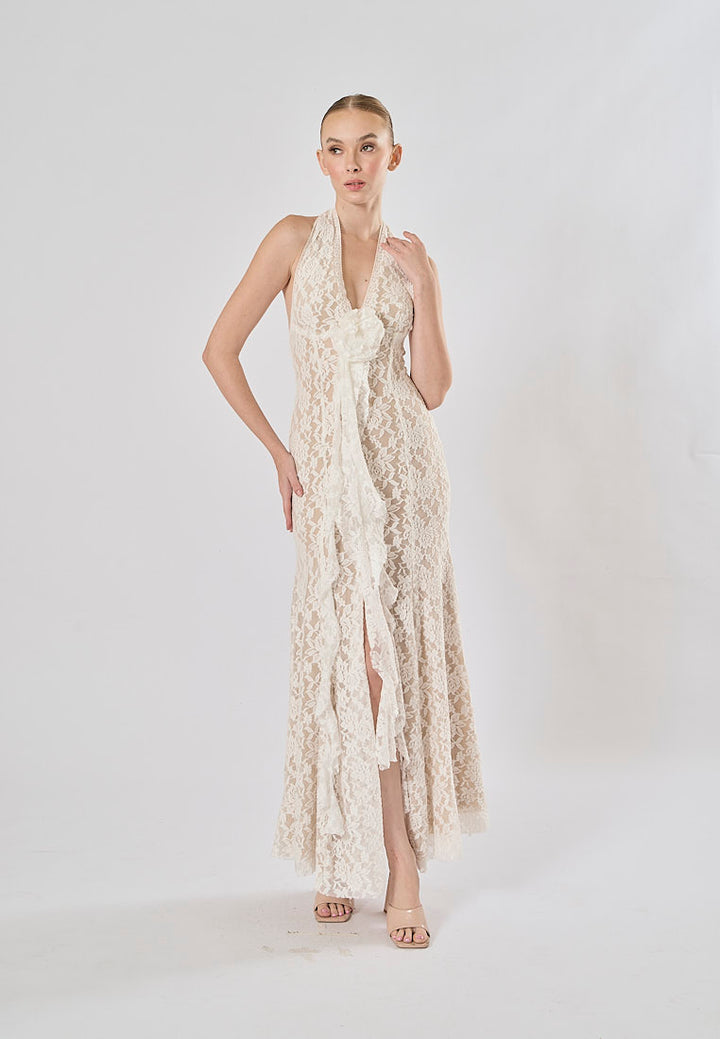 Zola White Halter Lace Flower With Front Slit Maxi Dress