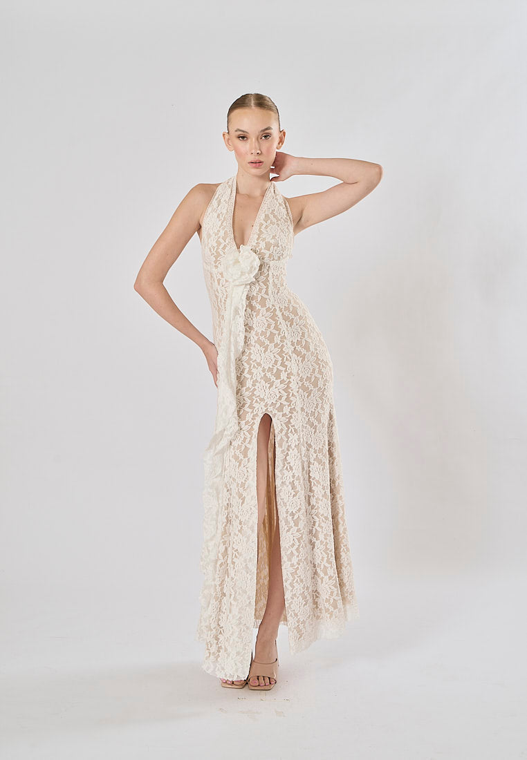 Zola White Halter Lace Flower With Front Slit Maxi Dress