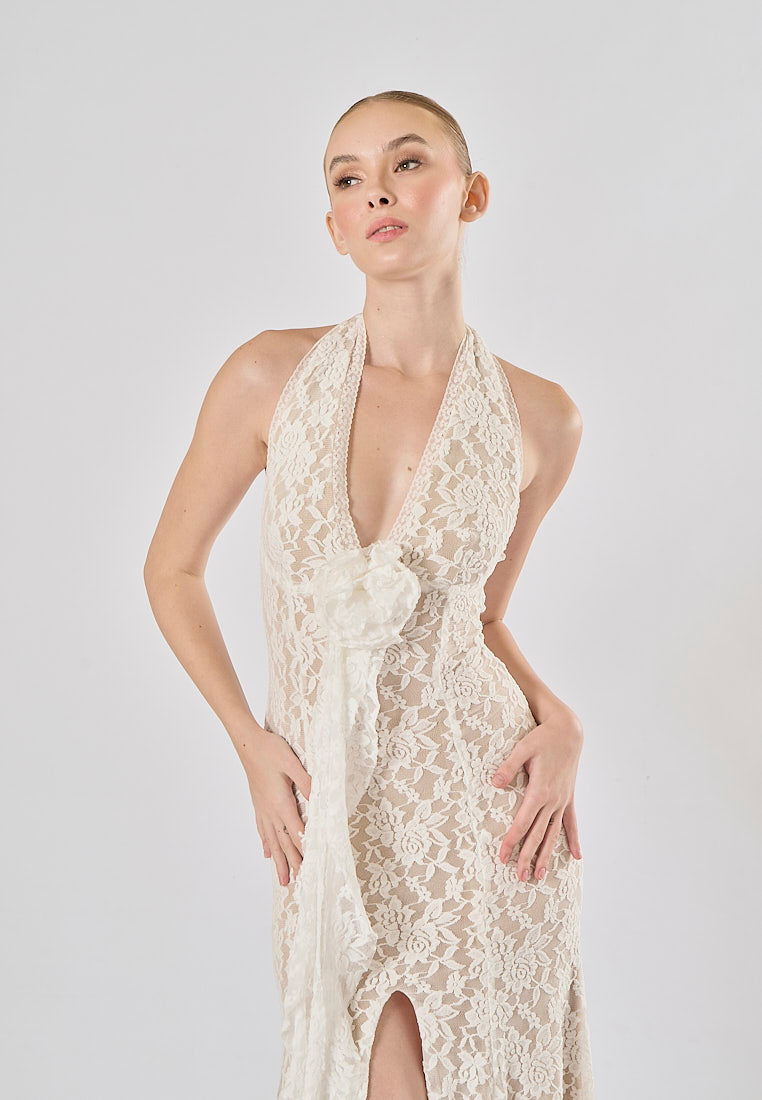 Zola White Halter Lace Flower With Front Slit Maxi Dress