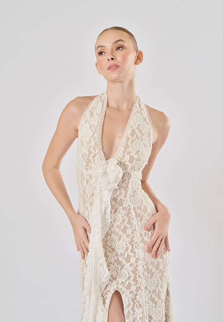 Zola White Halter Lace Flower With Front Slit Maxi Dress