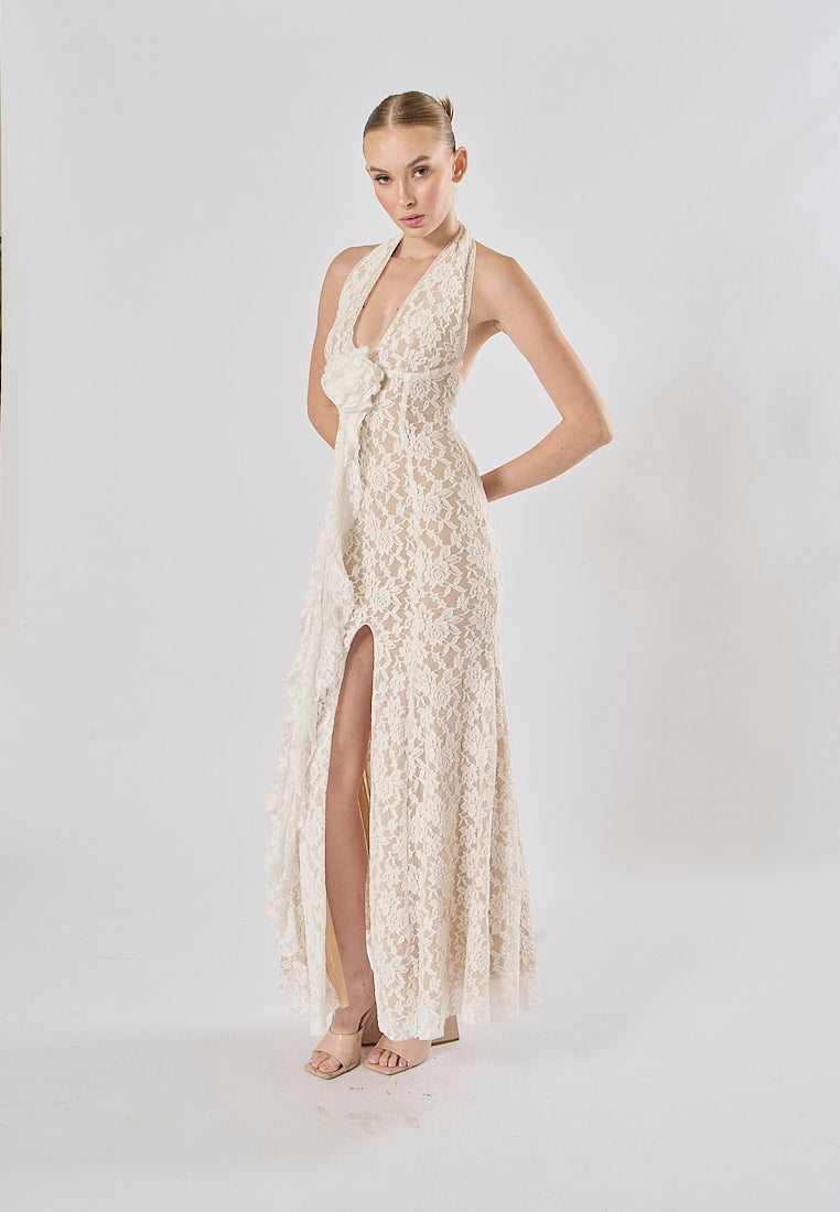 Zola White Halter Lace Flower With Front Slit Maxi Dress