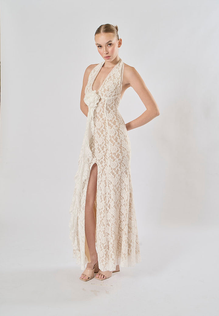 Zola White Halter Lace Flower With Front Slit Maxi Dress