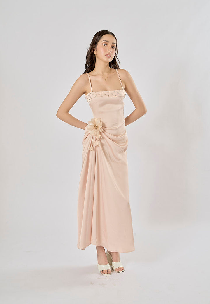 Imogen Light Pink Sleveless Satin Flower and Rhinestone Midi Dress