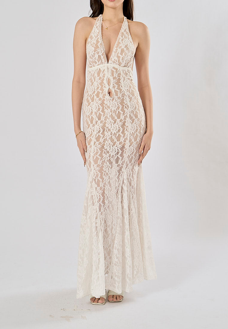 Luna White Halter Deep V-Neck Mermaid Maxi Dress
