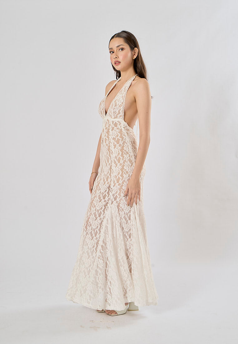 Luna White Halter Deep V-Neck Mermaid Maxi Dress