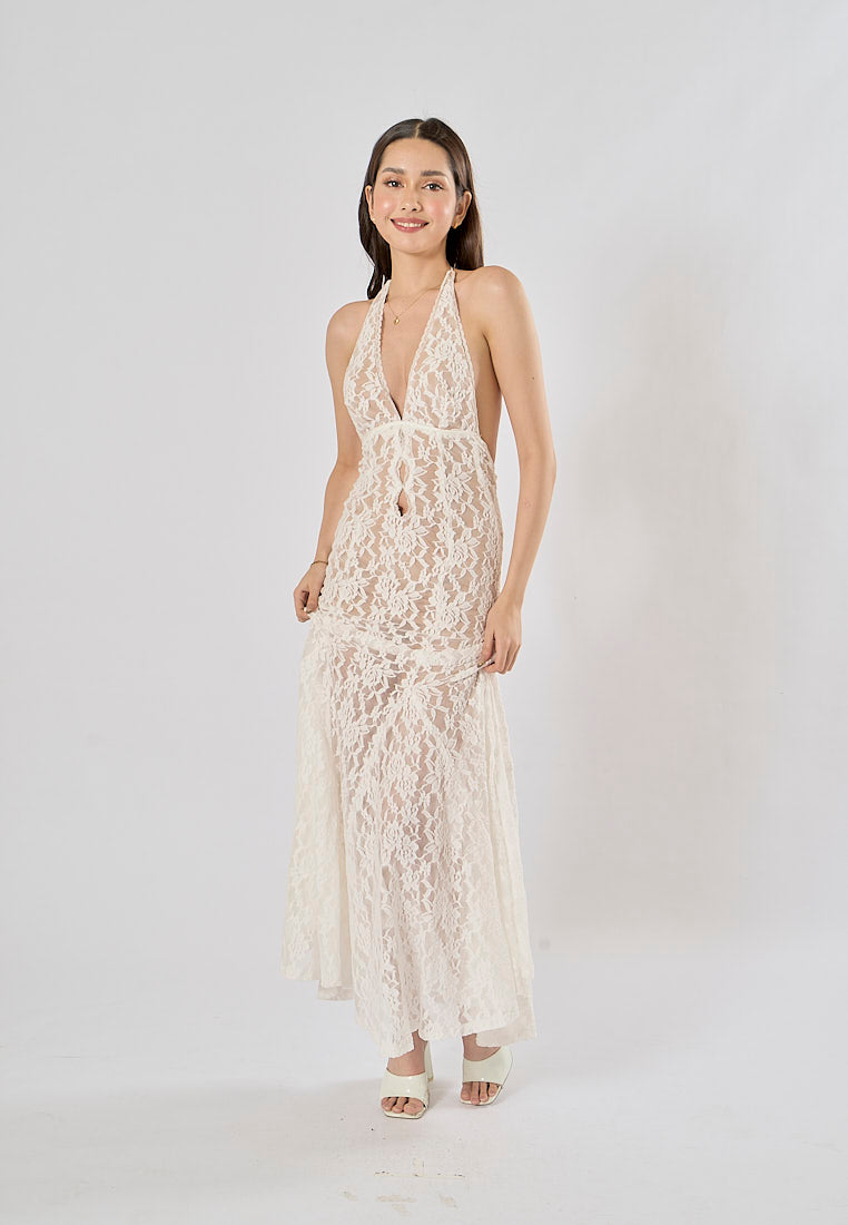 Luna White Halter Deep V-Neck Mermaid Maxi Dress