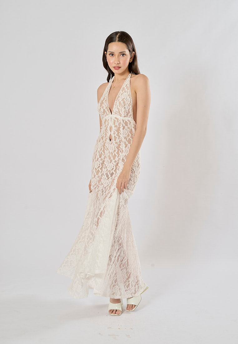 Luna White Halter Deep V-Neck Mermaid Maxi Dress