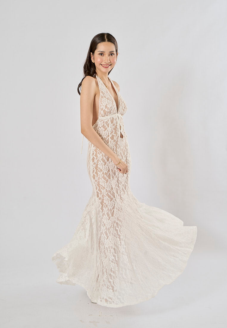 Luna White Halter Deep V-Neck Mermaid Maxi Dress