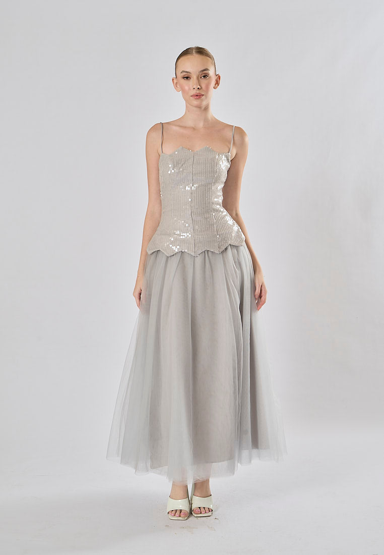 Rayla Gray Sleeveless Sequins Tulle  Midi Dress