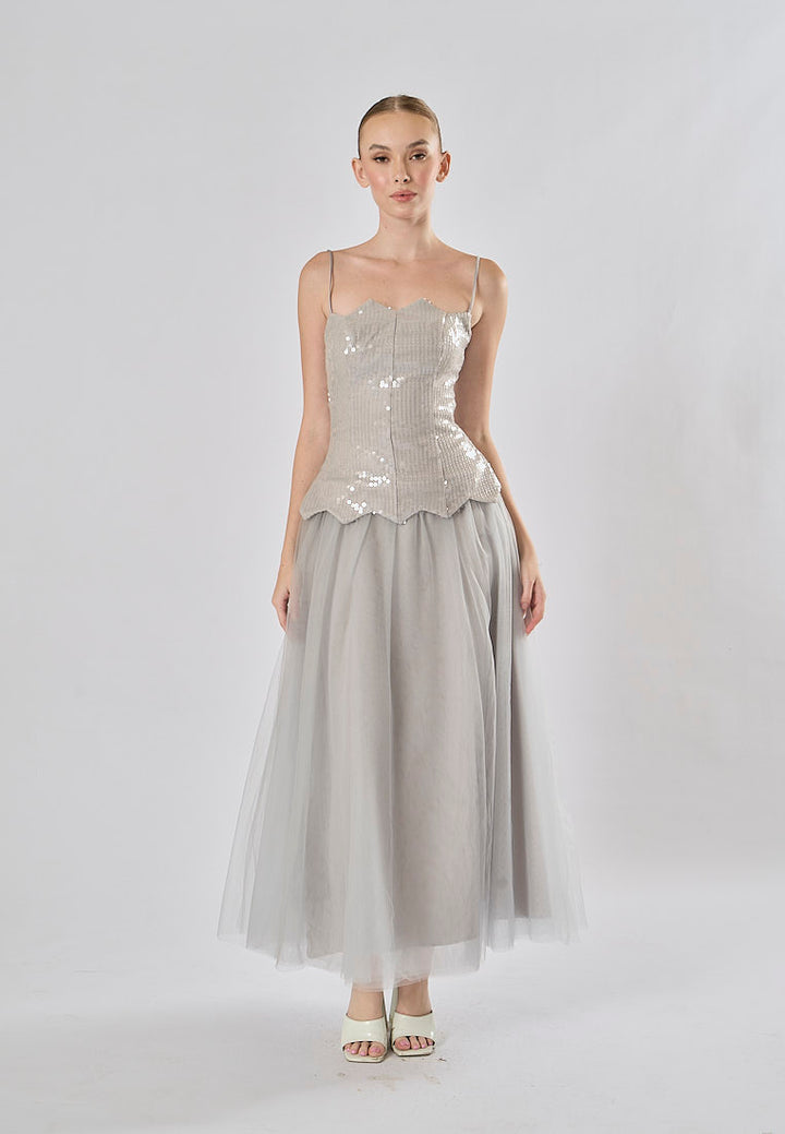 Rayla Gray Sleeveless Sequins Tulle  Midi Dress