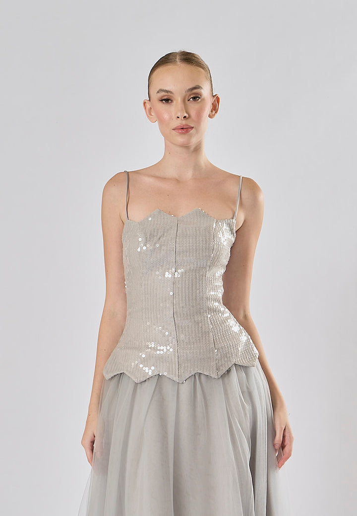 Rayla Gray Sleeveless Sequins Tulle  Midi Dress