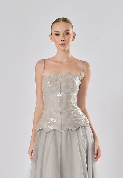 Rayla Gray Sleeveless Sequins Tulle  Midi Dress