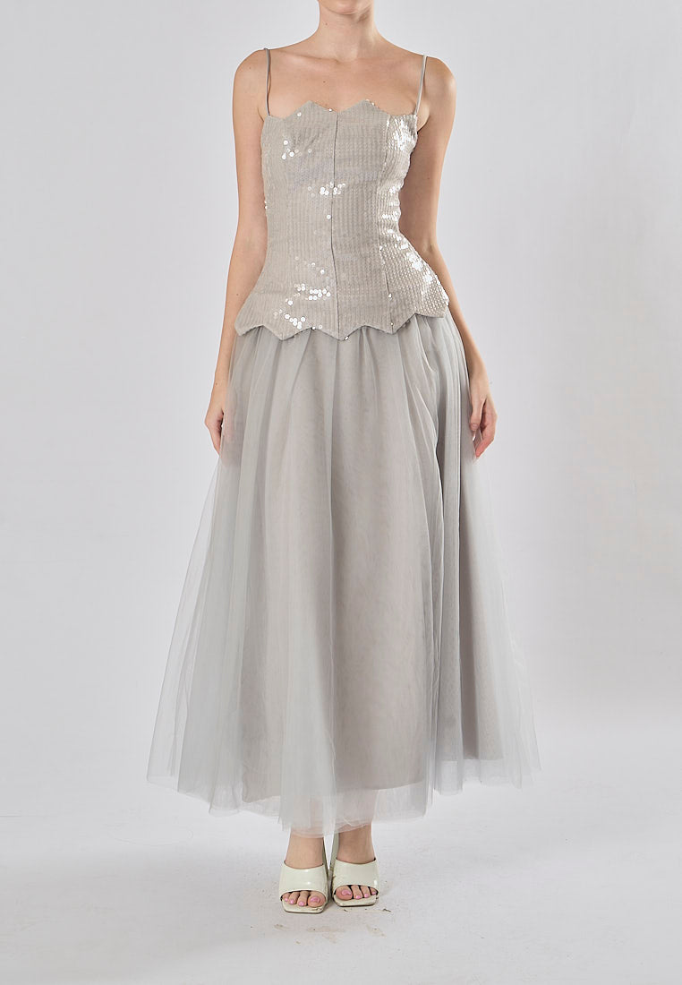 Rayla Gray Sleeveless Sequins Tulle  Midi Dress
