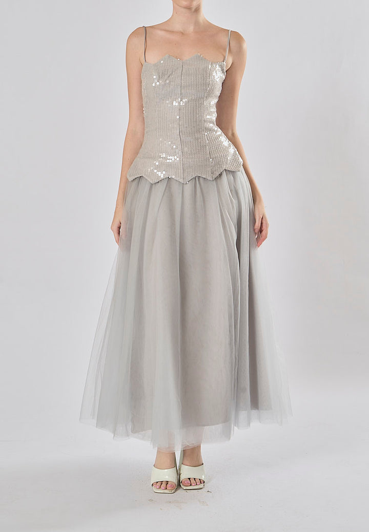 Rayla Gray Sleeveless Sequins Tulle  Midi Dress