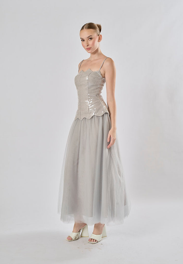 Rayla Gray Sleeveless Sequins Tulle  Midi Dress