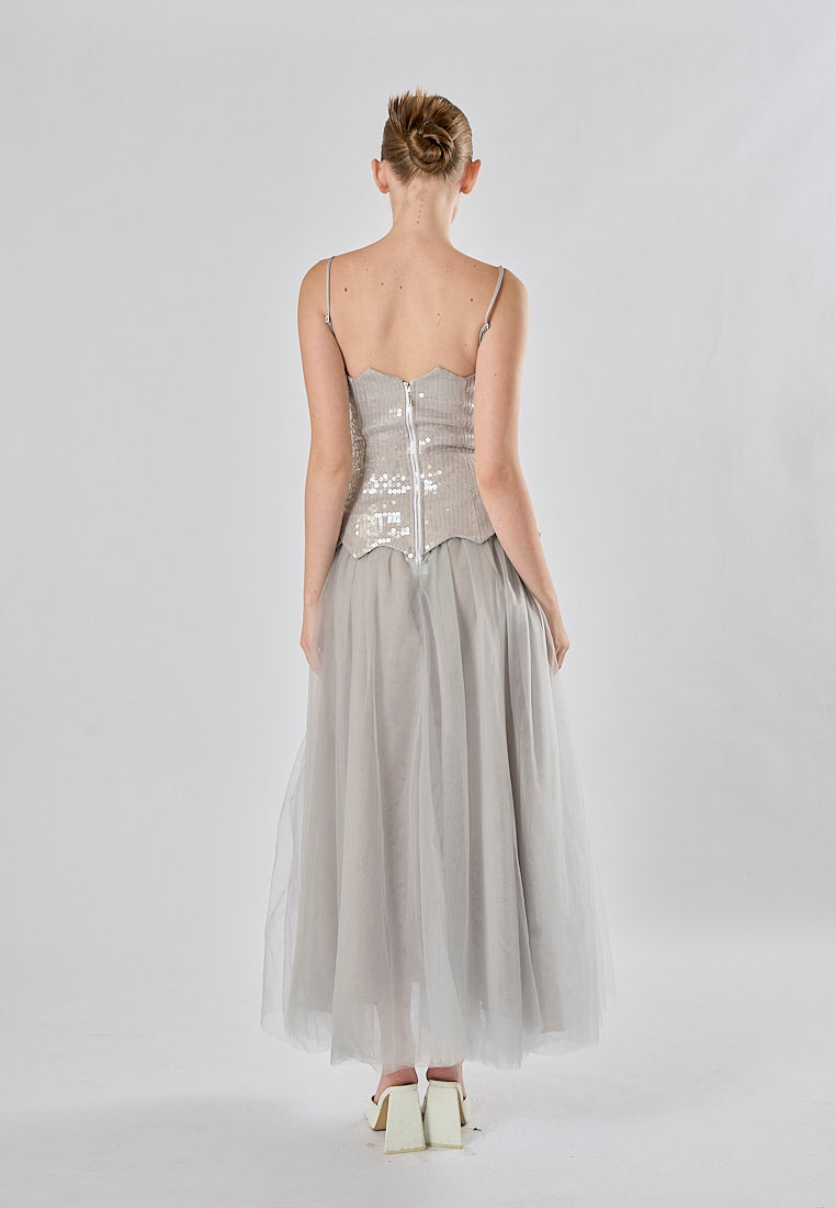 Rayla Gray Sleeveless Sequins Tulle  Midi Dress