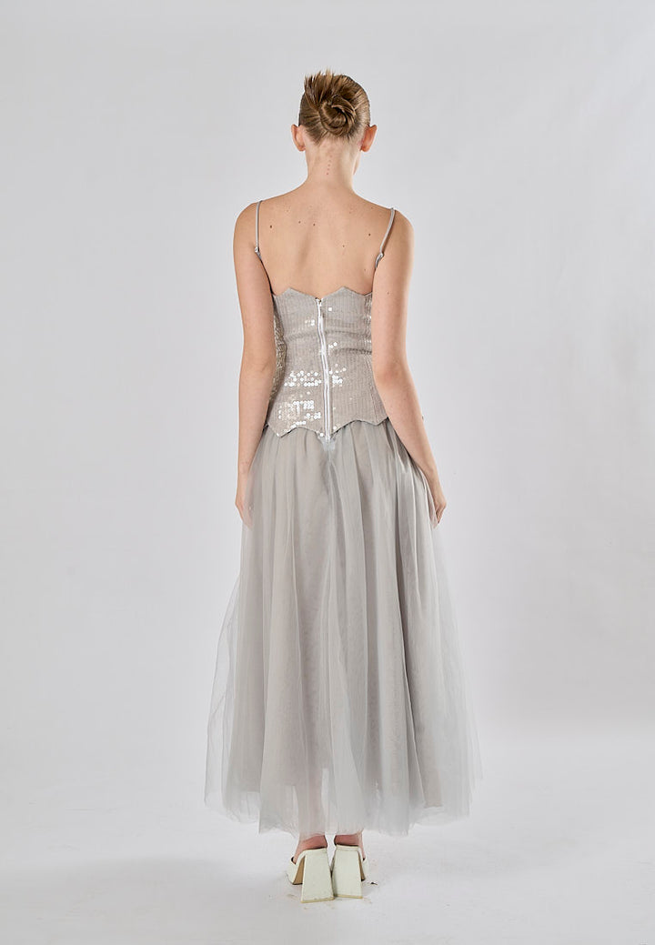 Rayla Gray Sleeveless Sequins Tulle  Midi Dress
