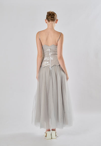 Rayla Gray Sleeveless Sequins Tulle  Midi Dress