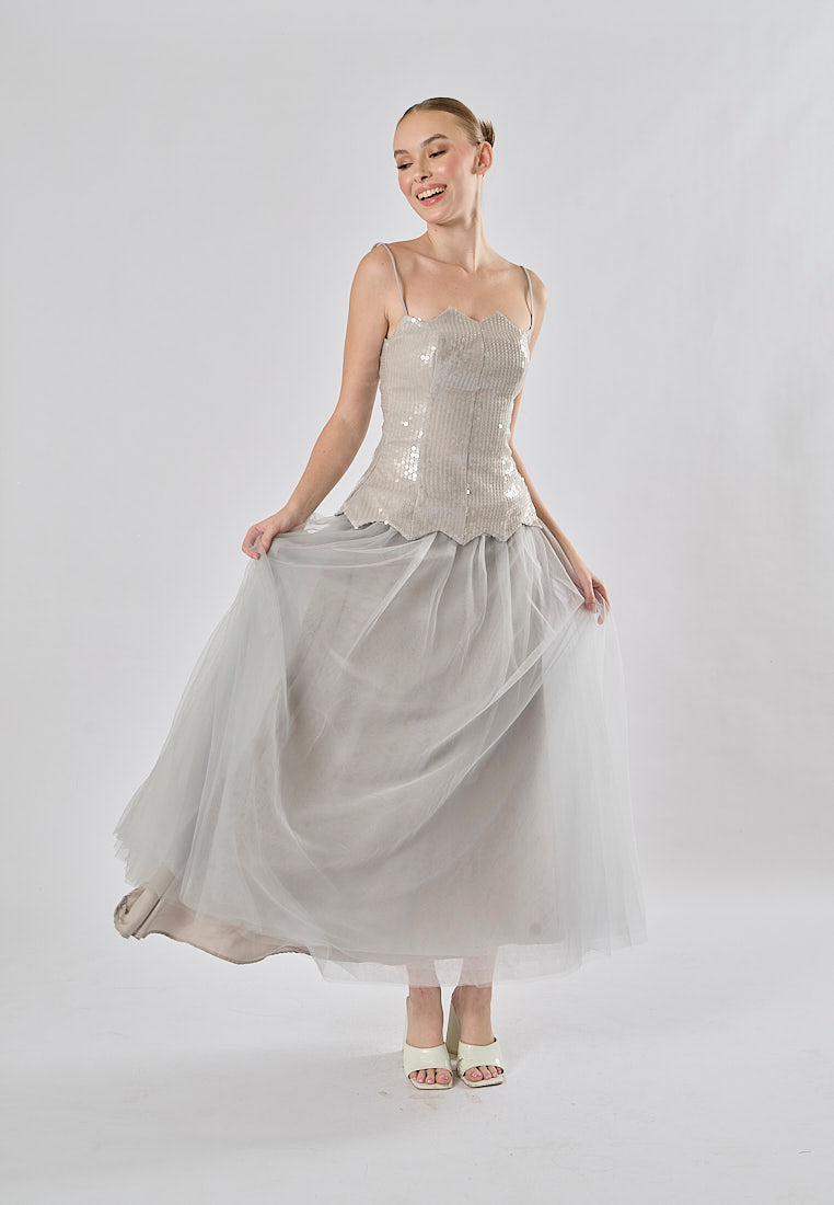 Rayla Gray Sleeveless Sequins Tulle  Midi Dress