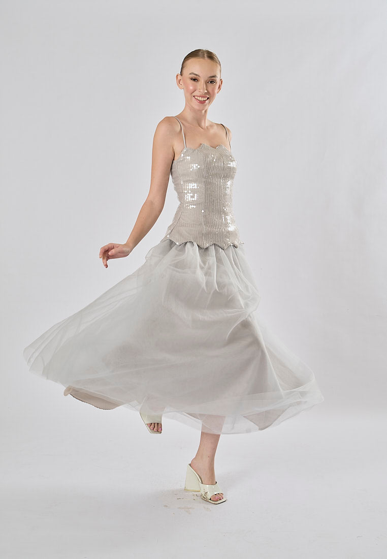 Rayla Gray Sleeveless Sequins Tulle  Midi Dress