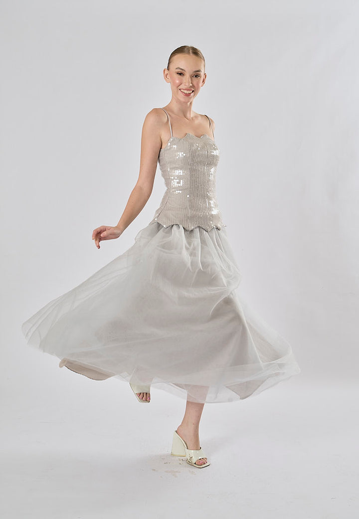 Rayla Gray Sleeveless Sequins Tulle  Midi Dress