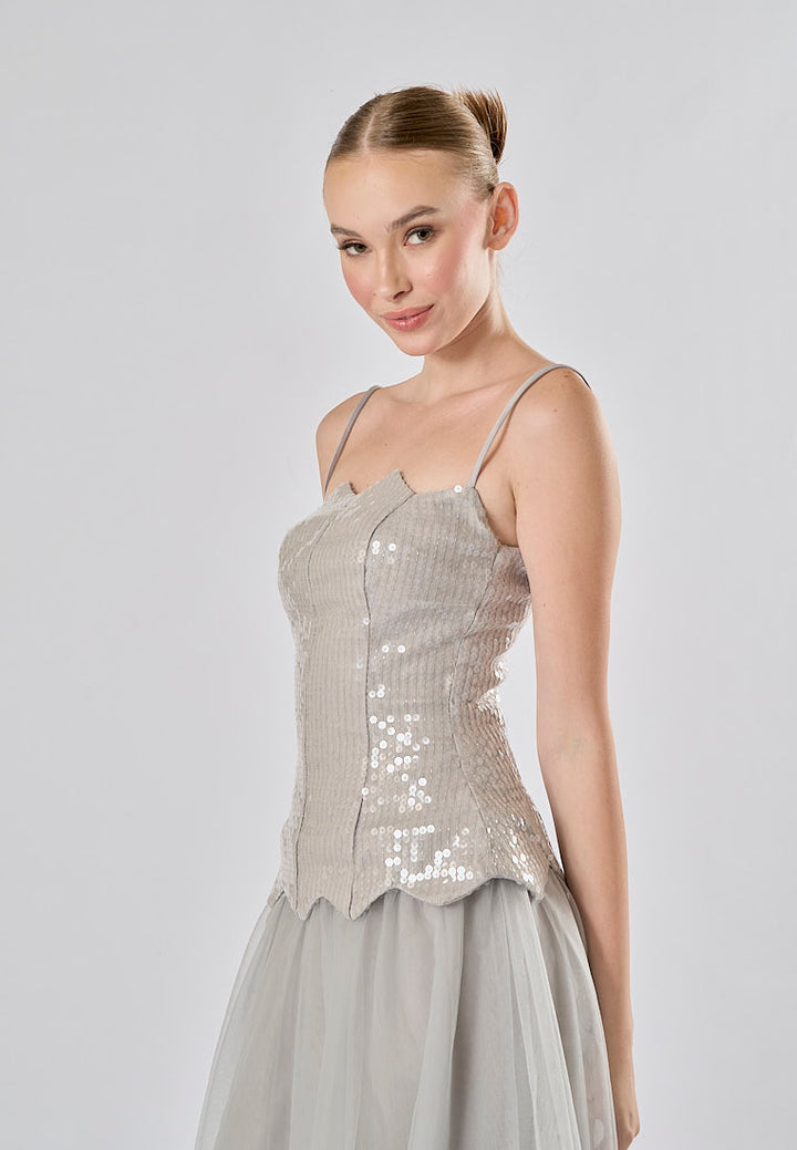 Rayla Gray Sleeveless Sequins Tulle  Midi Dress