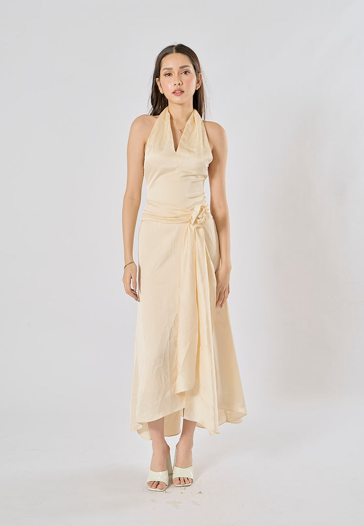 Ciara Cream A Line Soft Satin Side Split Halter Midi Dress