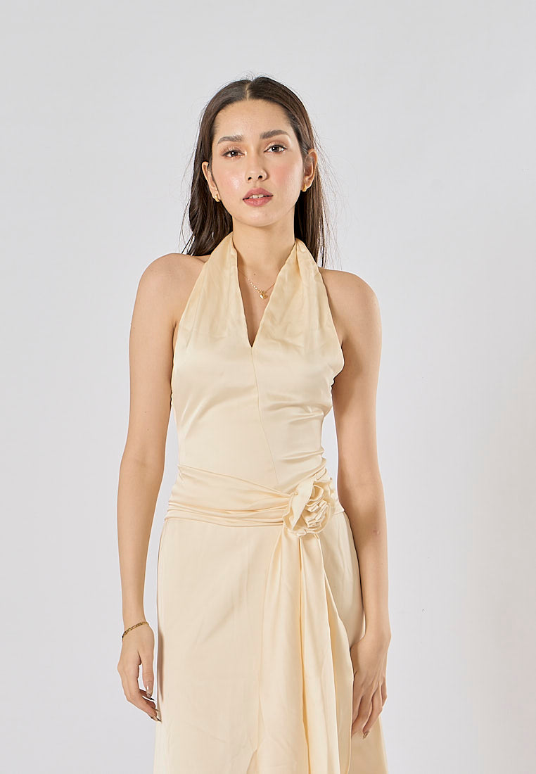 Ciara Cream A Line Soft Satin Side Split Halter Midi Dress