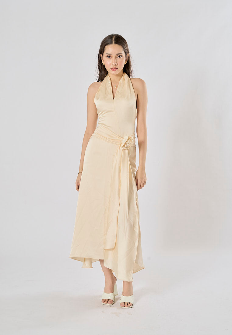 Ciara Cream A Line Soft Satin Side Split Halter Midi Dress