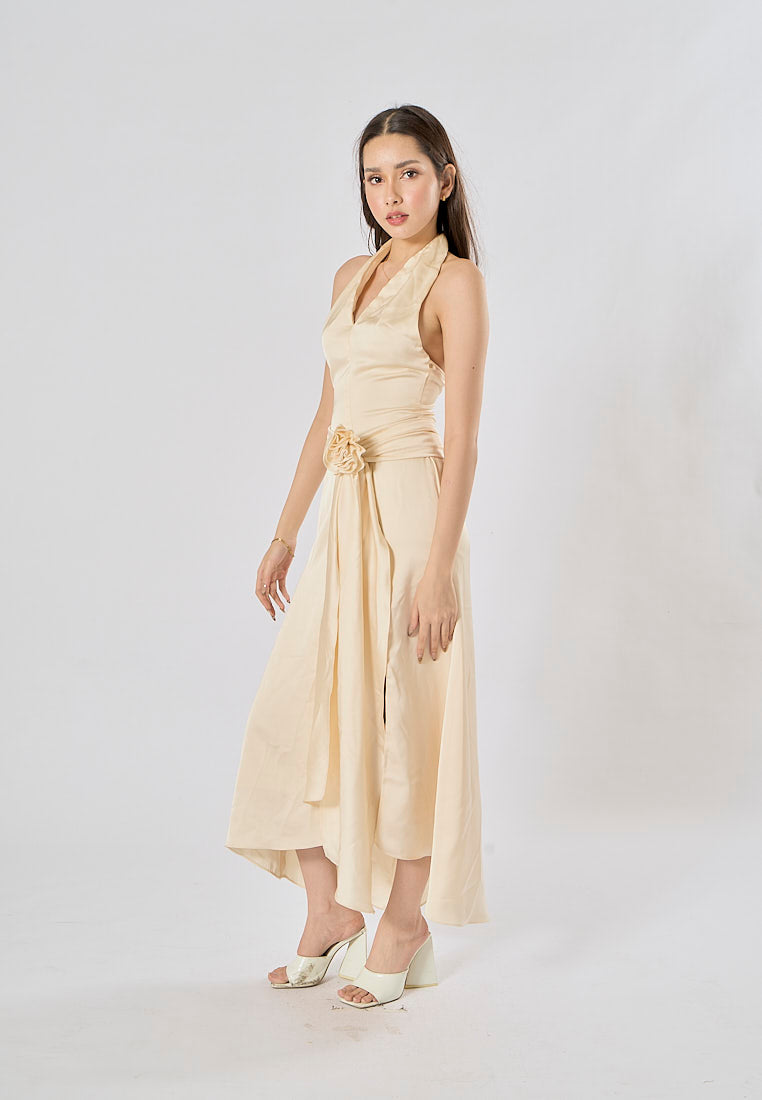 Ciara Cream A Line Soft Satin Side Split Halter Midi Dress