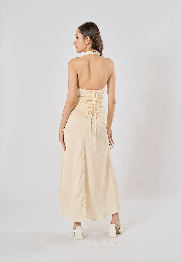 Ciara Cream A Line Soft Satin Side Split Halter Midi Dress