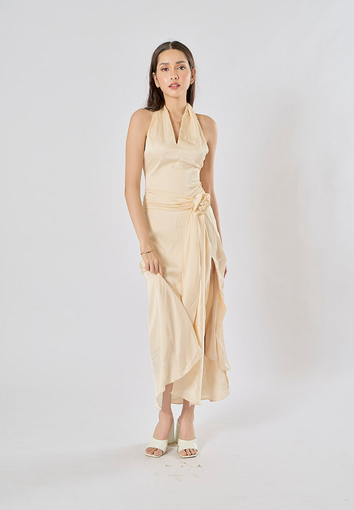 Ciara Cream A Line Soft Satin Side Split Halter Midi Dress