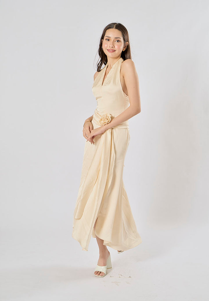 Ciara Cream A Line Soft Satin Side Split Halter Midi Dress