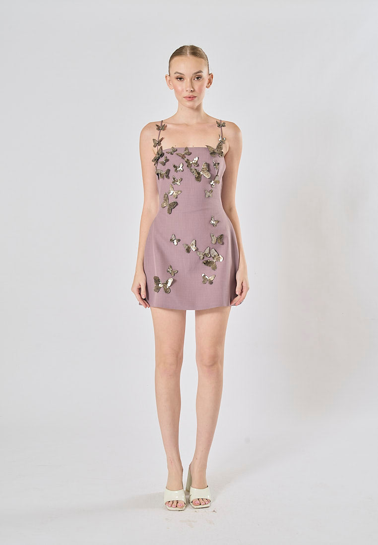 Mariko Purple Sleeveless  Butterfly Appliqué Mini Dress