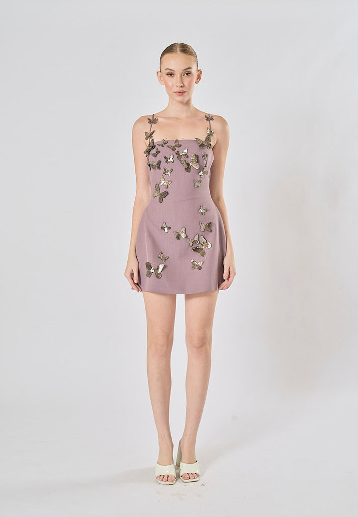 Mariko Purple Sleeveless  Butterfly Appliqué Mini Dress