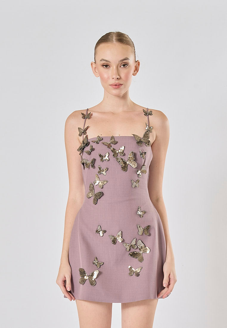 Mariko Purple Sleeveless  Butterfly Appliqué Mini Dress