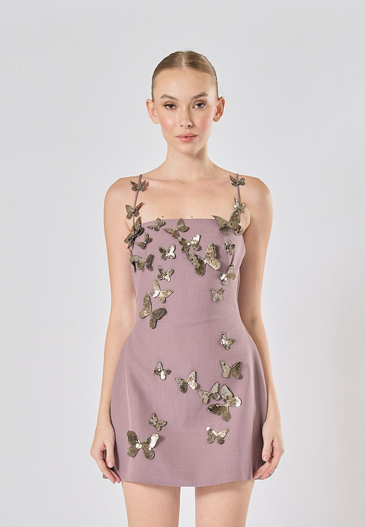 Mariko Purple Sleeveless  Butterfly Appliqué Mini Dress