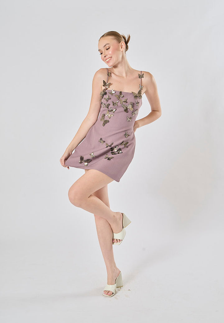 Mariko Purple Sleeveless  Butterfly Appliqué Mini Dress