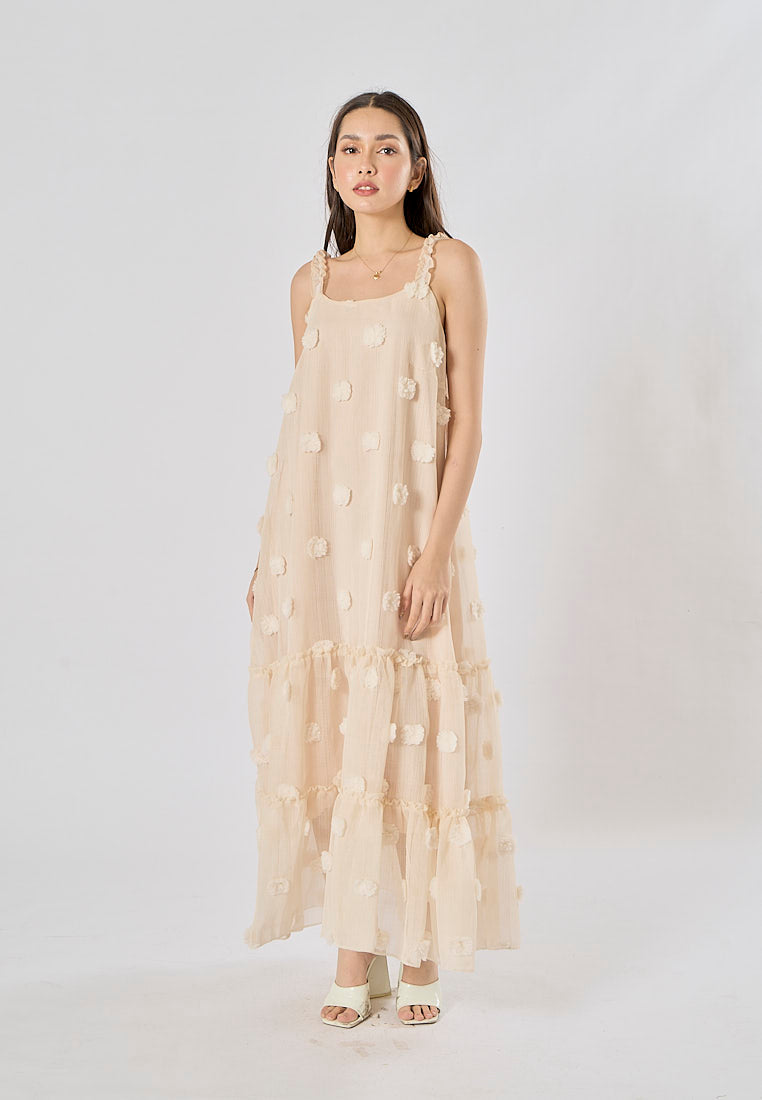 Fierro Beige Flower Pattern Lace Maxi Dress
