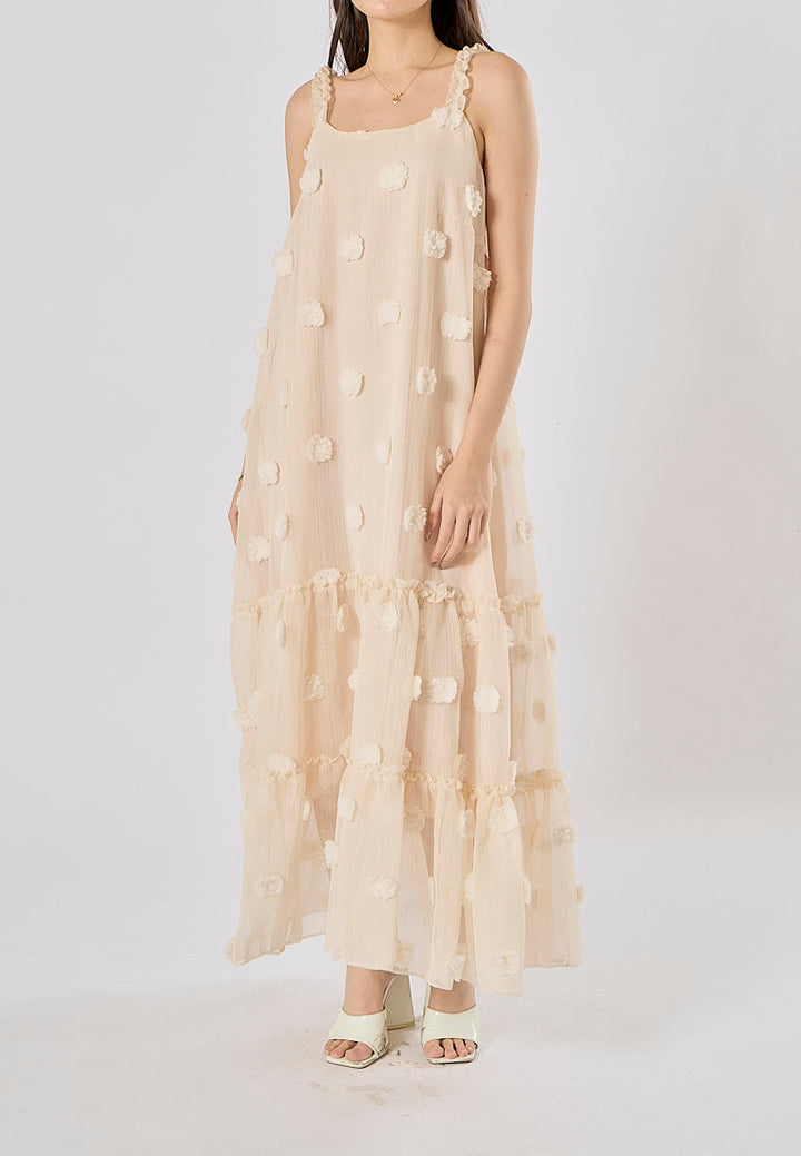 Fierro Beige Flower Pattern Lace Maxi Dress