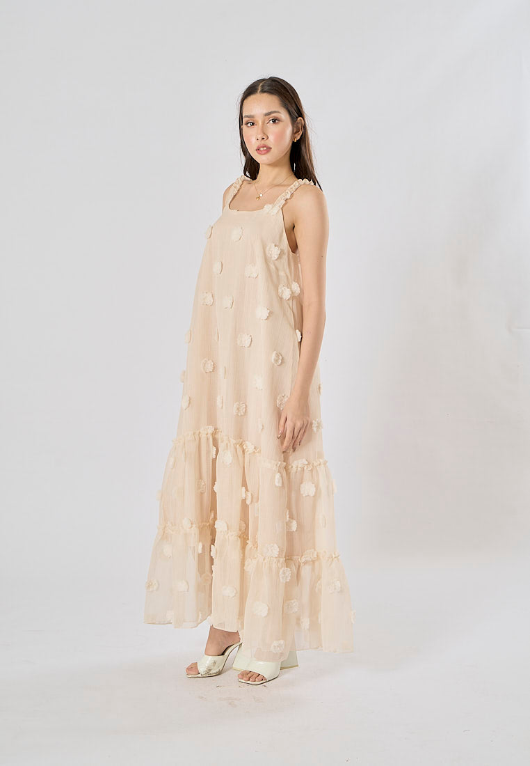 Fierro Beige Flower Pattern Lace Maxi Dress