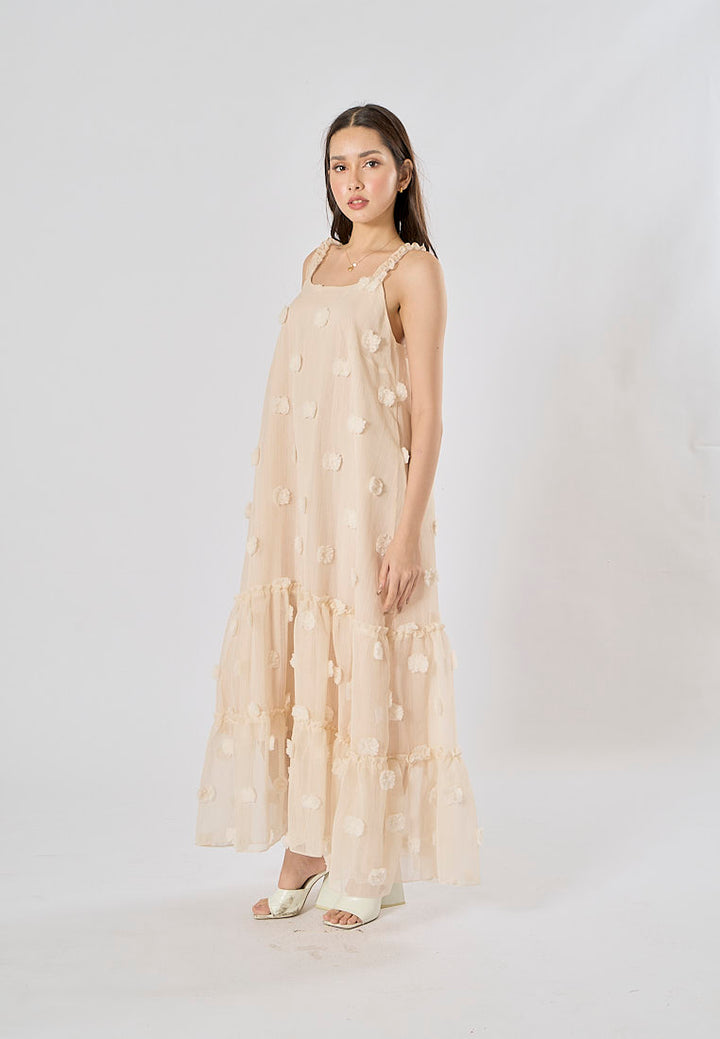 Fierro Beige Flower Pattern Lace Maxi Dress