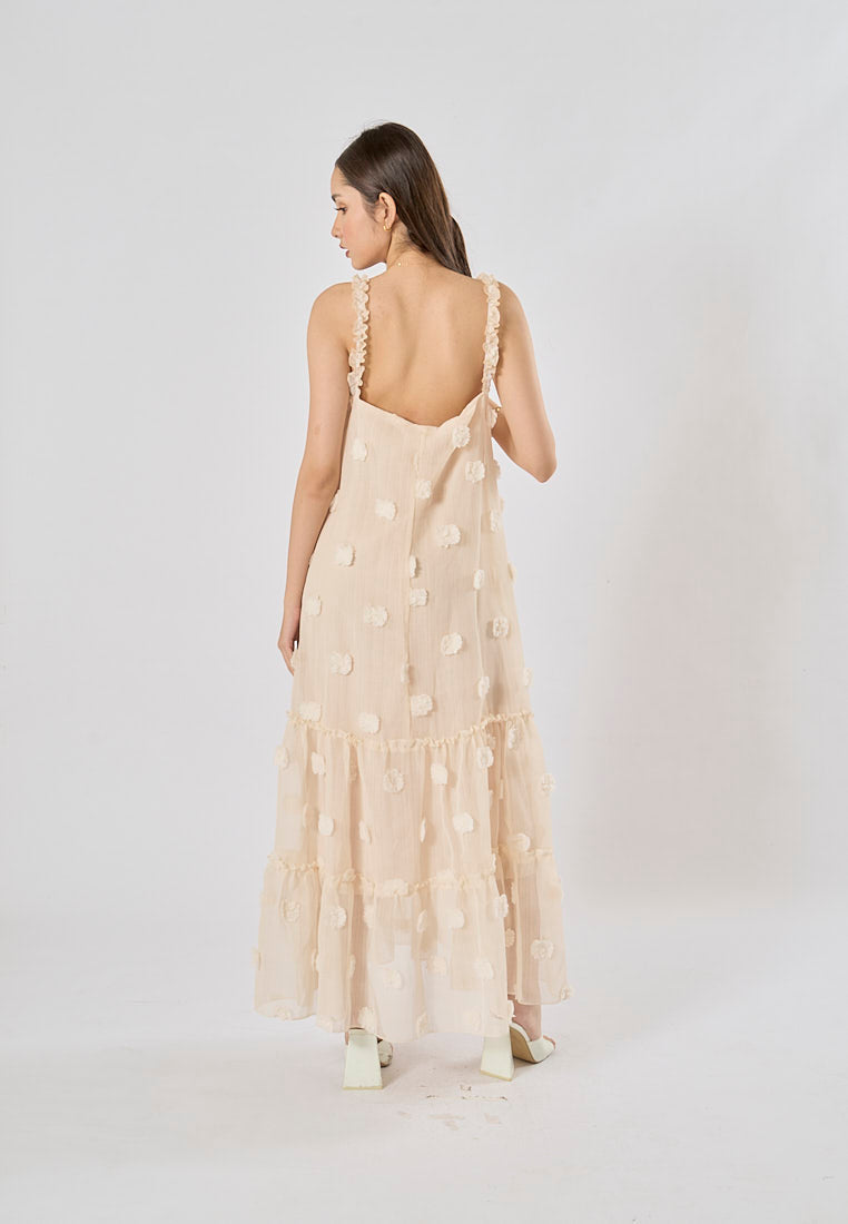 Fierro Beige Flower Pattern Lace Maxi Dress