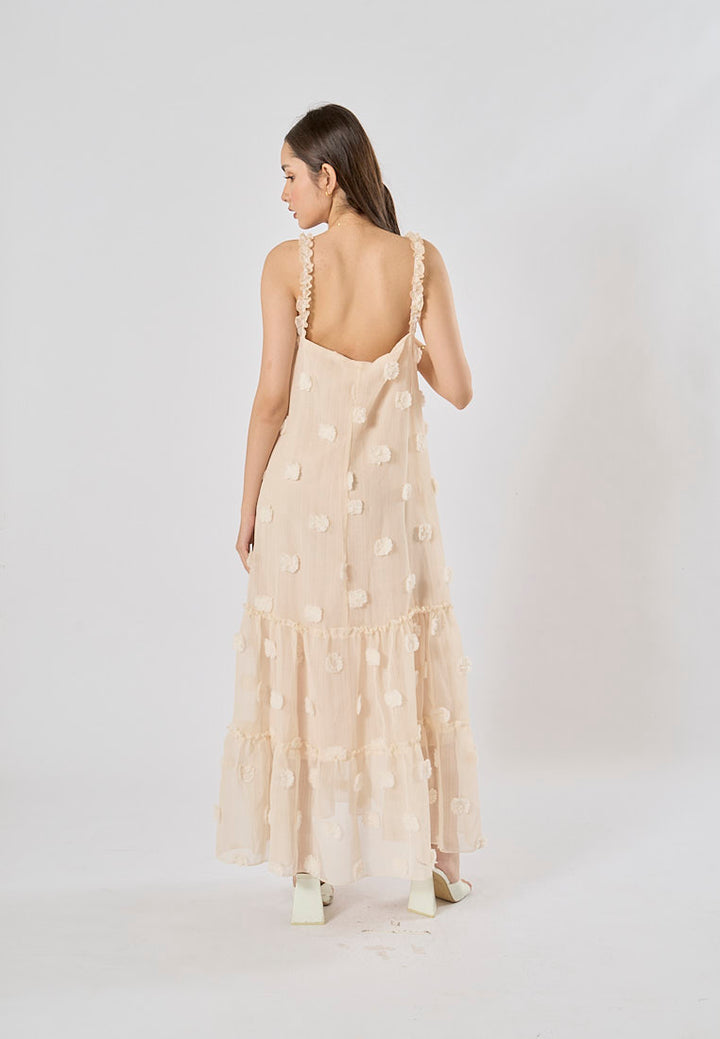 Fierro Beige Flower Pattern Lace Maxi Dress