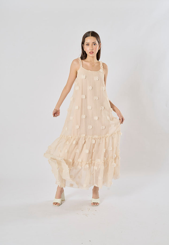 Fierro Beige Flower Pattern Lace Maxi Dress